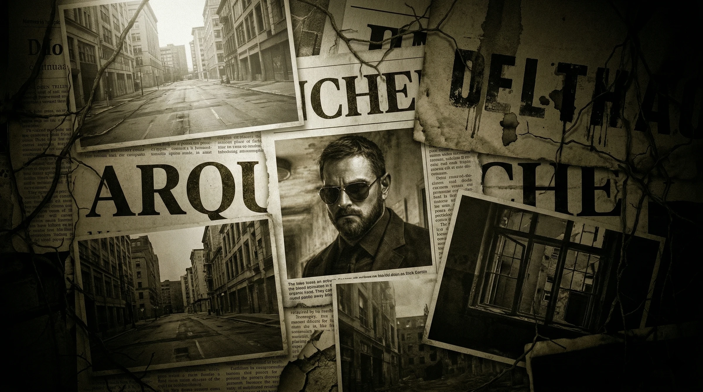 Montage d'archives — coupures de presse sur Arquenche, rue déserte et portrait d'un survivant.