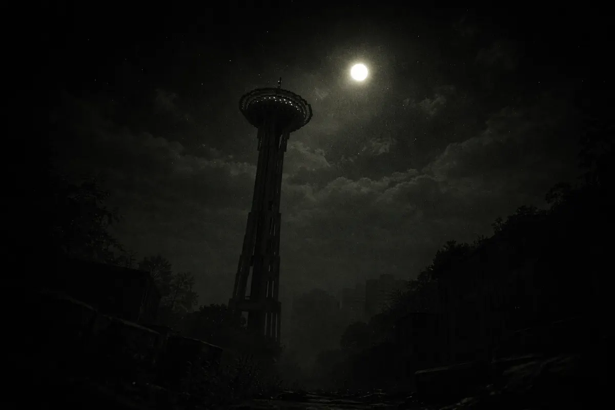 Arquenche de nuit — tour du port se découpant sur un ciel de pleine lune, ville dans la brume.