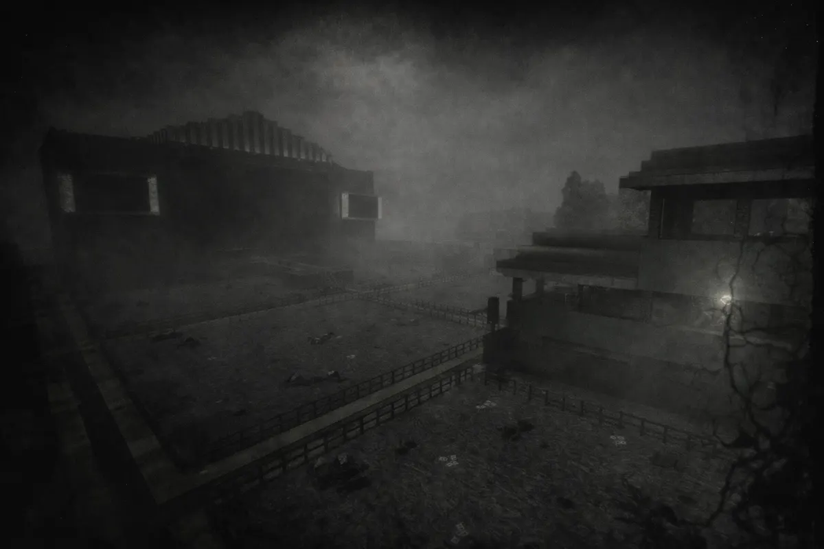 Quais d’Arquenche après la bascule — bâtiments dans le brouillard nocturne, enclos et débris au sol.