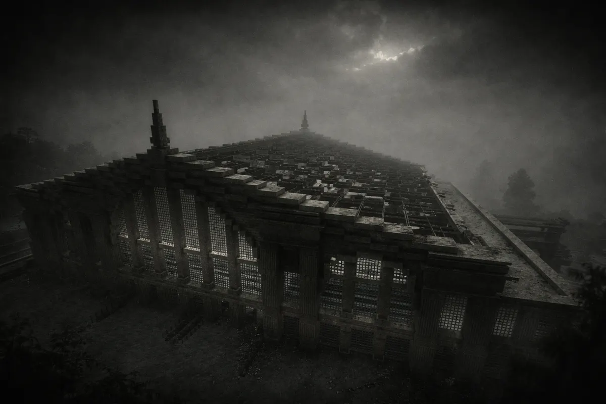 La Zone de la Gare — vaste bâtiment de la gare noyé dans le brouillard, perçant la nuit.